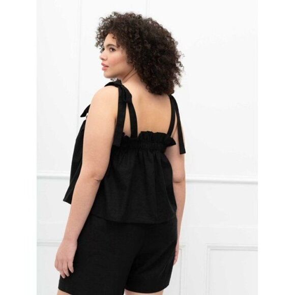 Eloquii Elements Linen Blend Tie Shoulder Ruffled Cropped Tank Top Black Size 18 - Picture 3 of 9